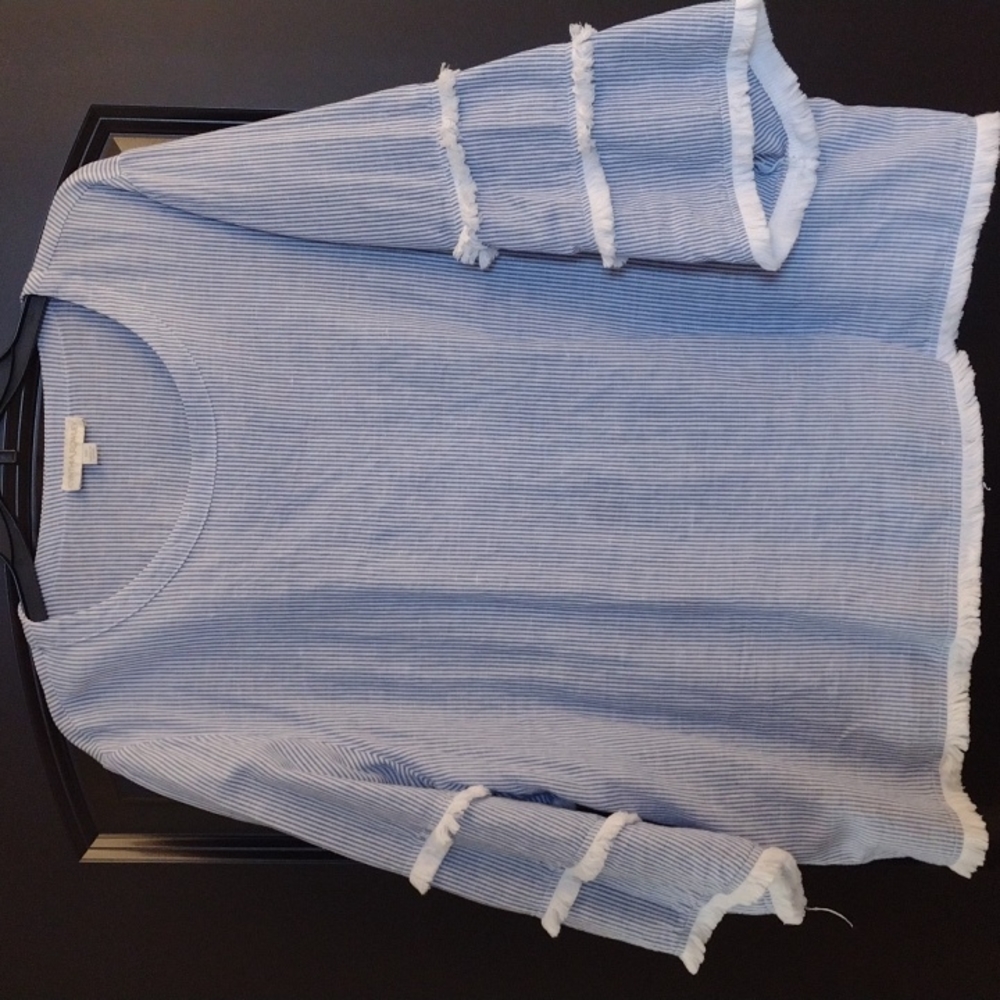 Cynthia Rowley Chambray Stripe Top w/Raglan Sleeves and Fringe Accent on Bottom